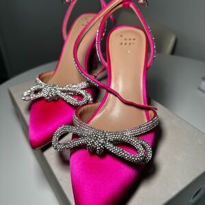 Fuchsia Satin Bow Heels • Silver Sparkly Detail • Worn Once